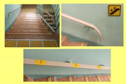 Тактильные таблички на полу лестницы, ступеньках и на перилах